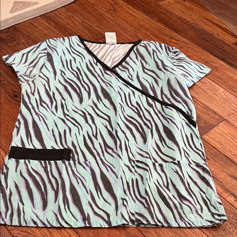Smart Scrubs Mint and Black Zebra Print V-Neck Top
